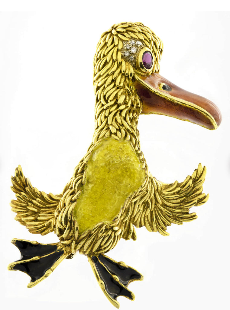 Frascarolo Italy Diamond Ruby Enamel Gold Duck Brooch