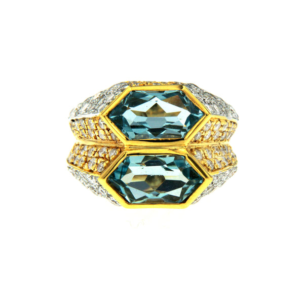 Iconic Bulgari Aquamarine Diamond Two-Color Gold Double Ring