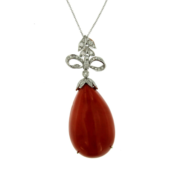 Sardinian Coral Diamond Drop Gold Pendant