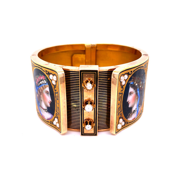 19th Century Austrian Enamel Diamonds Pearls Gold Portraits Bangle