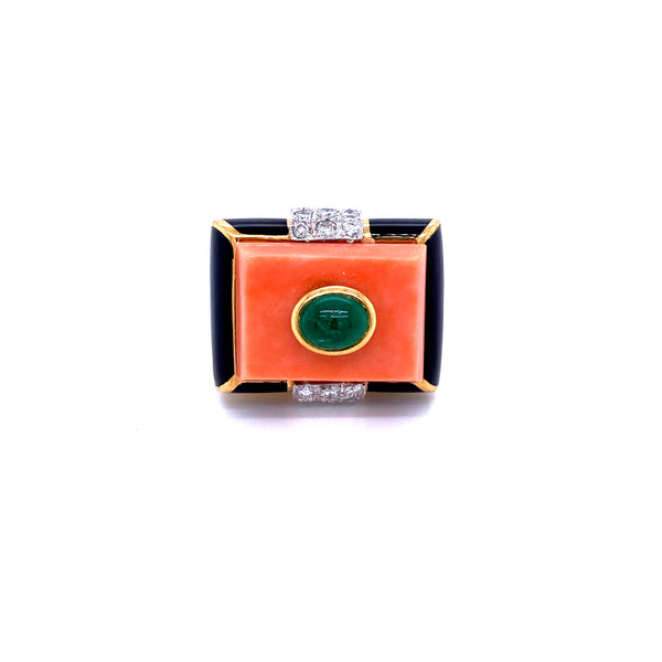 David Webb Emerald Coral Diamond Enamel Gold Ring