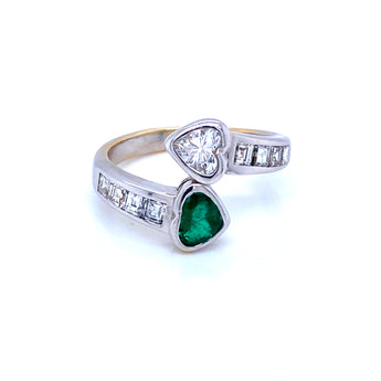 Vintage Hearts Emerald Diamond Vous et Moi Gold Ring